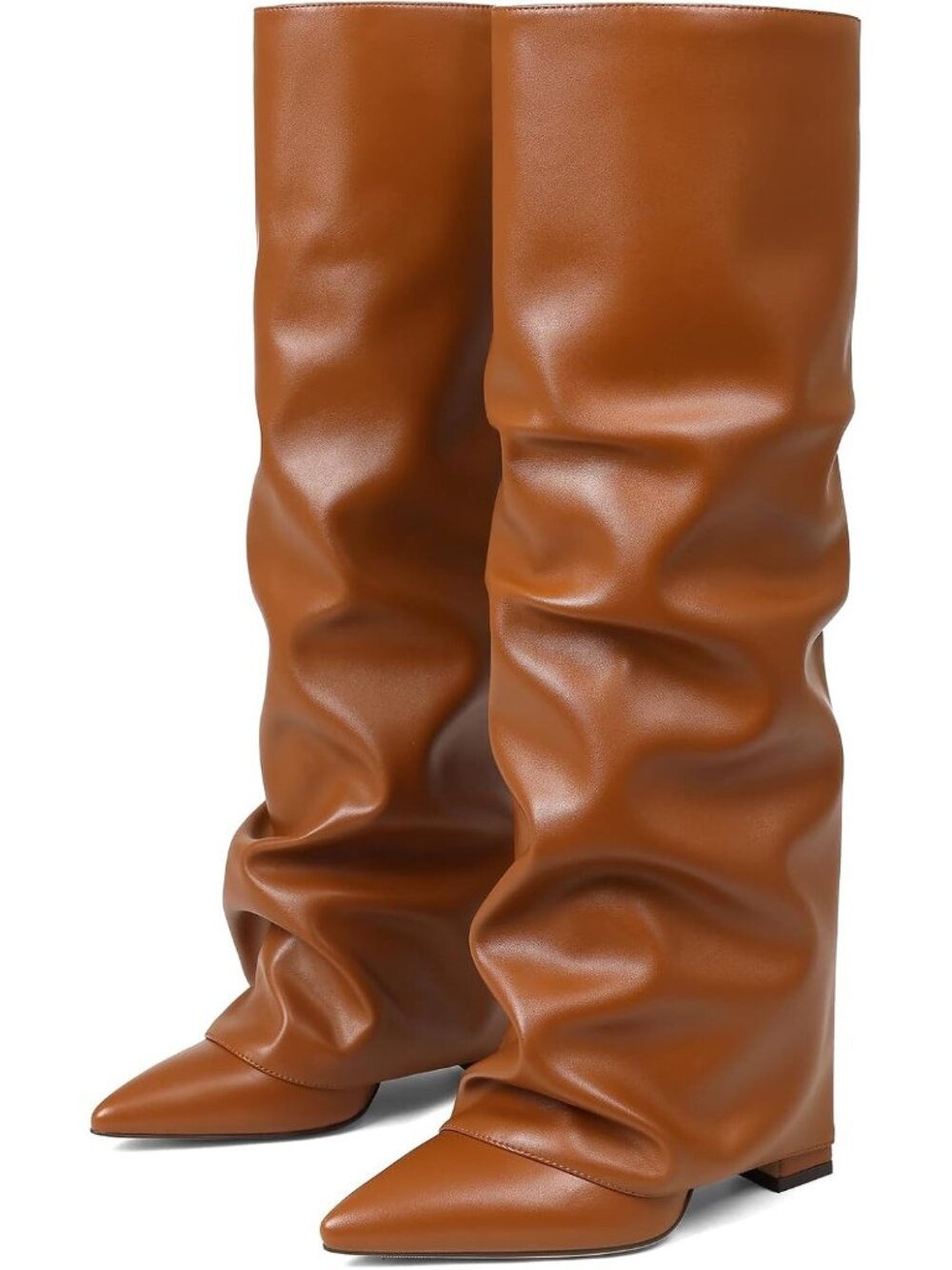 Women's Brown PU Knee High Boots Wide Calf Chunky High Heel Boots Pointed Toe - Picture 5 of 6